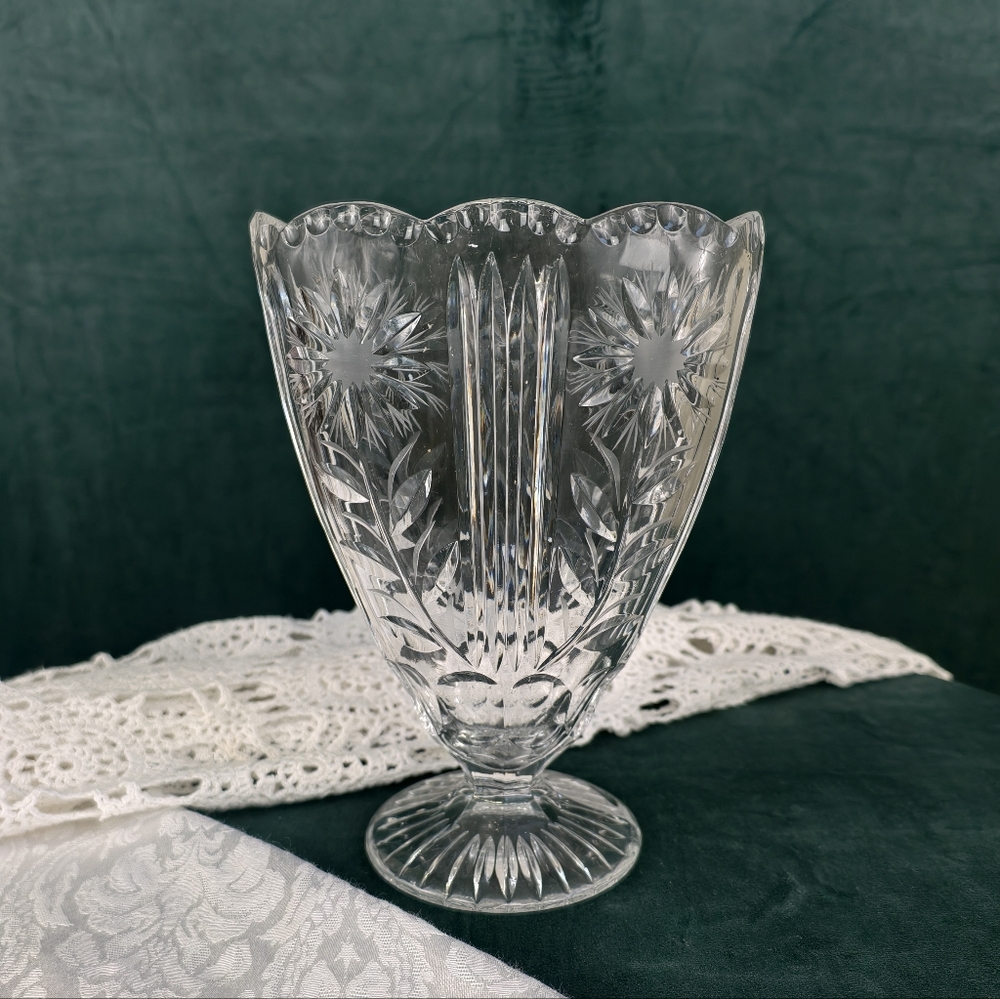 Vintage Cut Glass Crystal Ornate Footed Glass Vase with Floral Design
